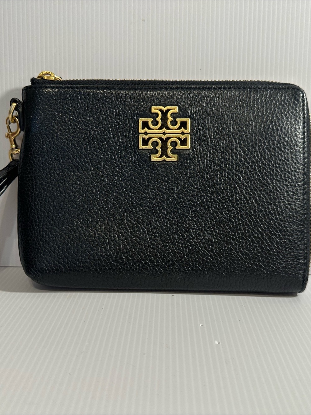 Tory Burch Black Pebbled Leather Wristlet with Gold Logo